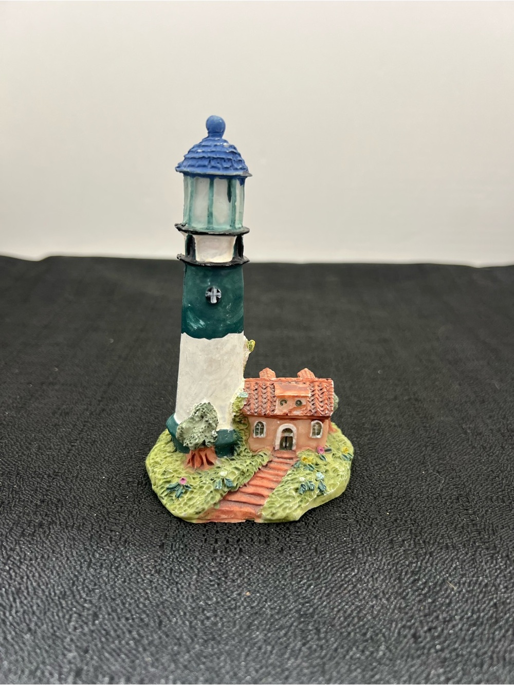 Miniature Lighthouse Figurine White Green Blue Ivy Roses